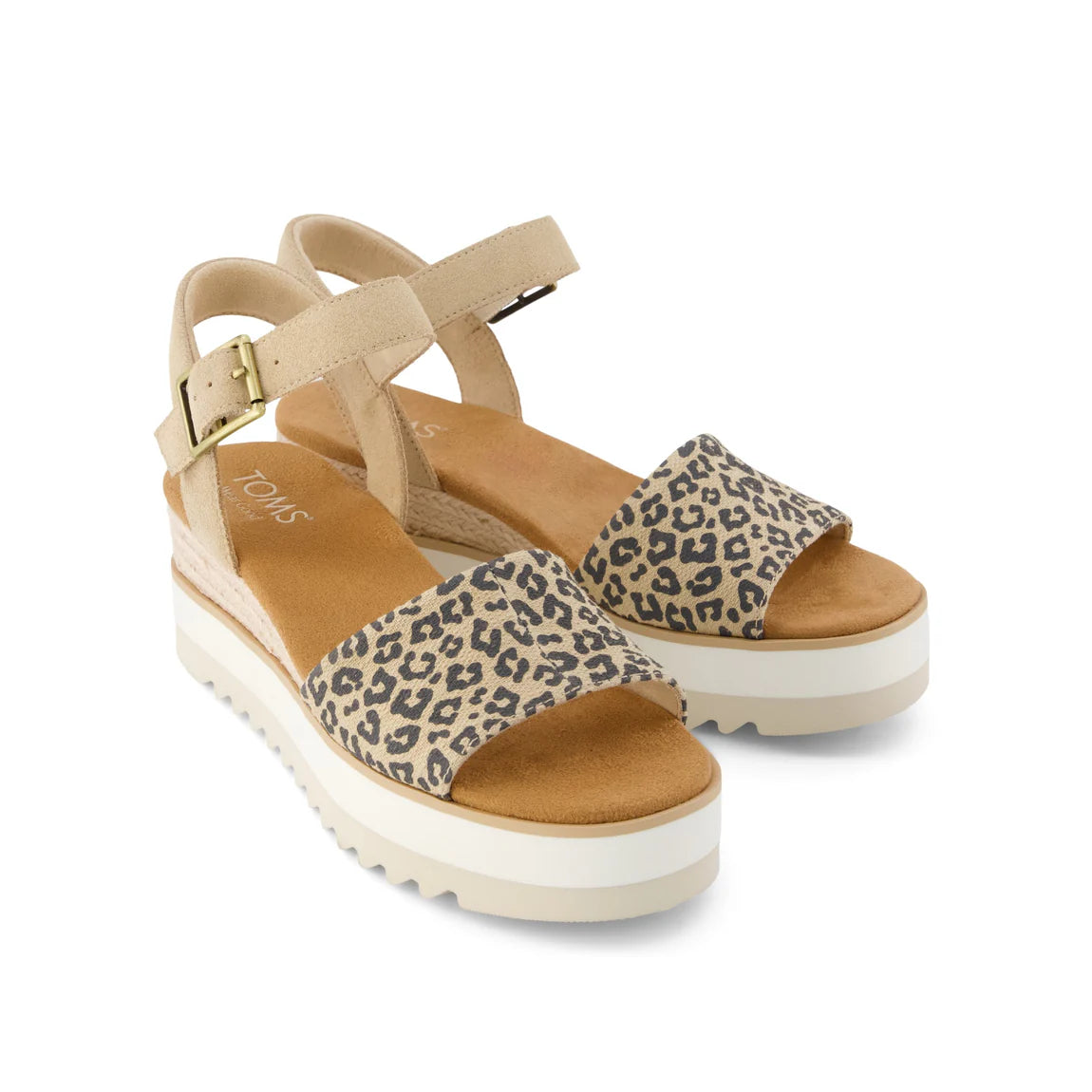 Beige platform wedge sandals with leopard print straps and ankle buckle closure