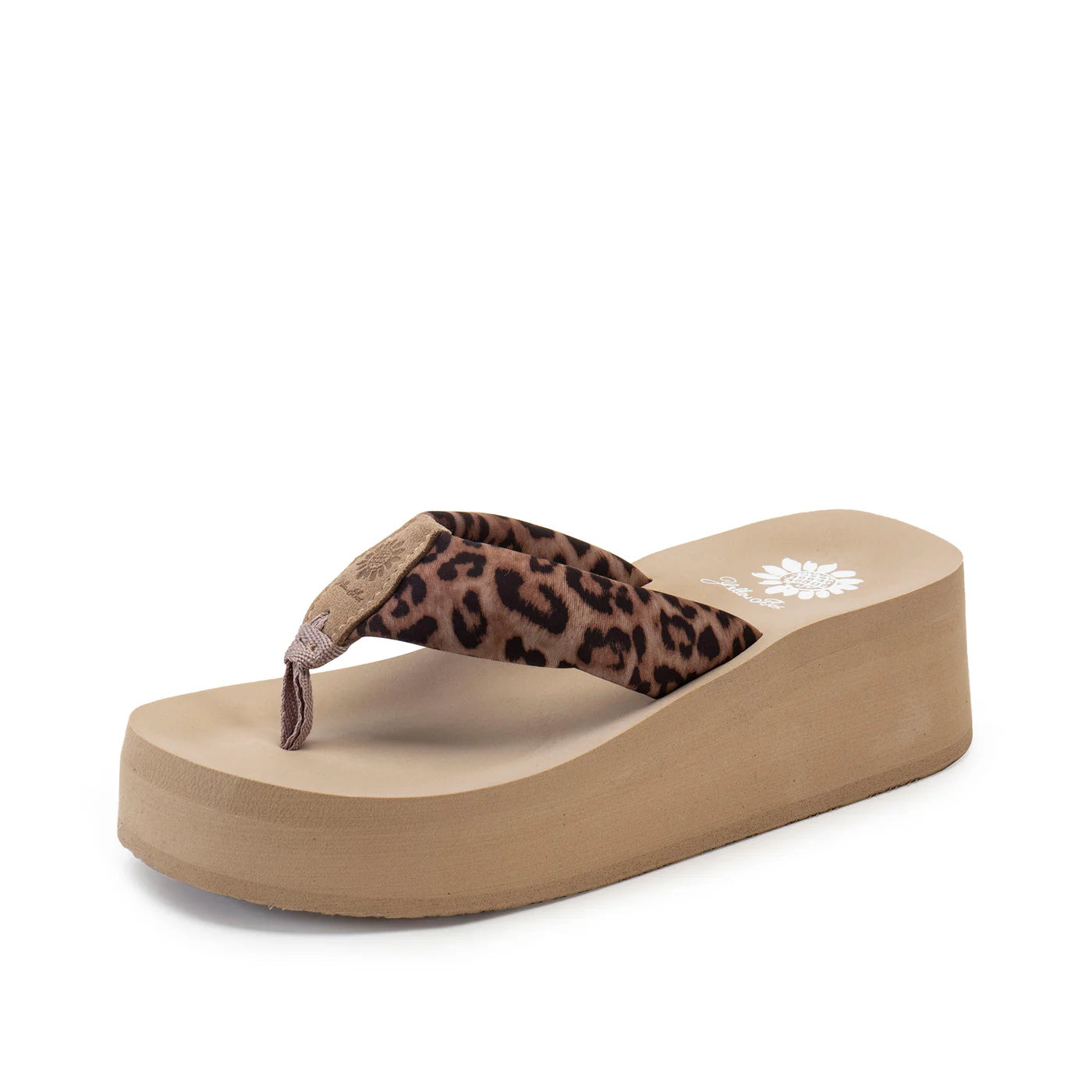 Brown leopard print wedge flip flop sandal with platform sole on white background