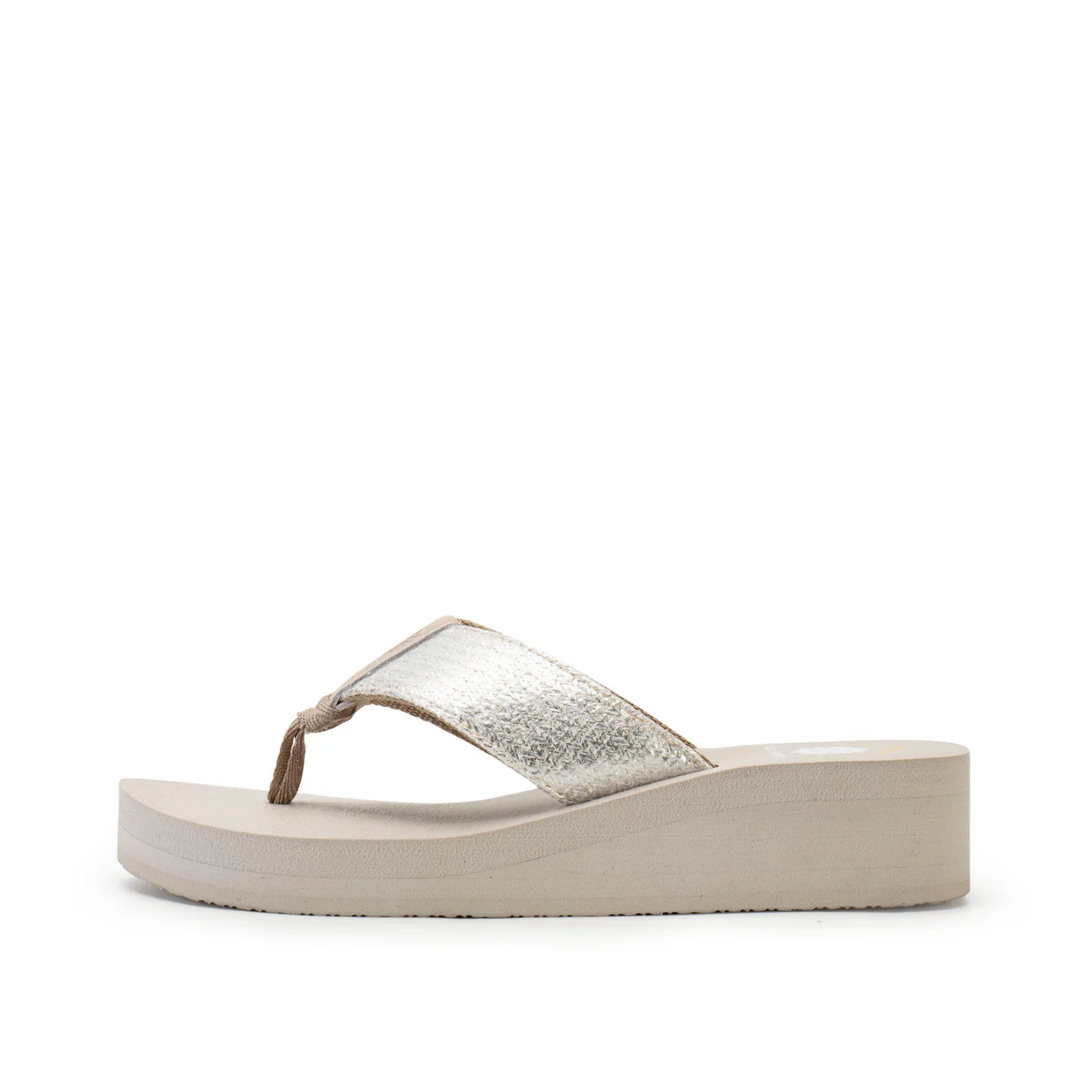 Beige platform flip flop sandal with metallic gold textured upper strap and thick foam sole.
