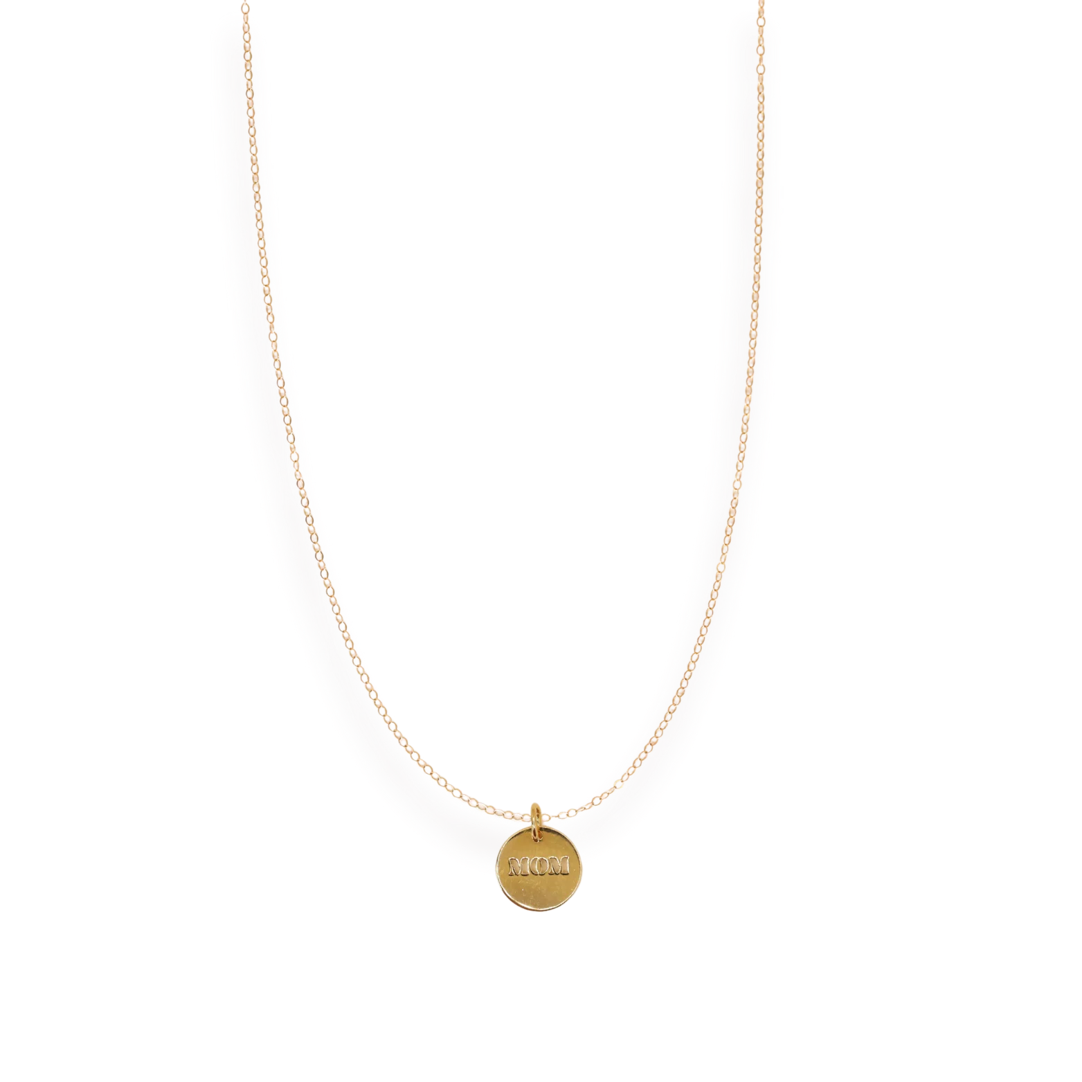 Layered gold chain necklace with circular "MOM" charm pendant on transparent background