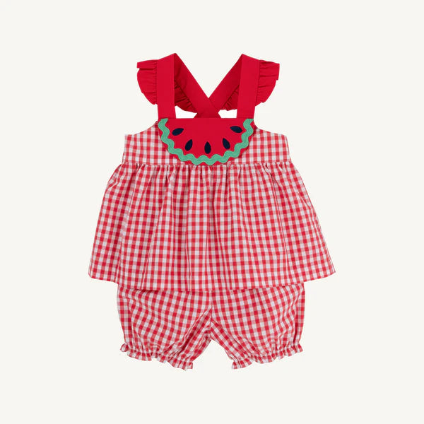 Red and white gingham baby romper set with watermelon applique and ruffle shoulder straps