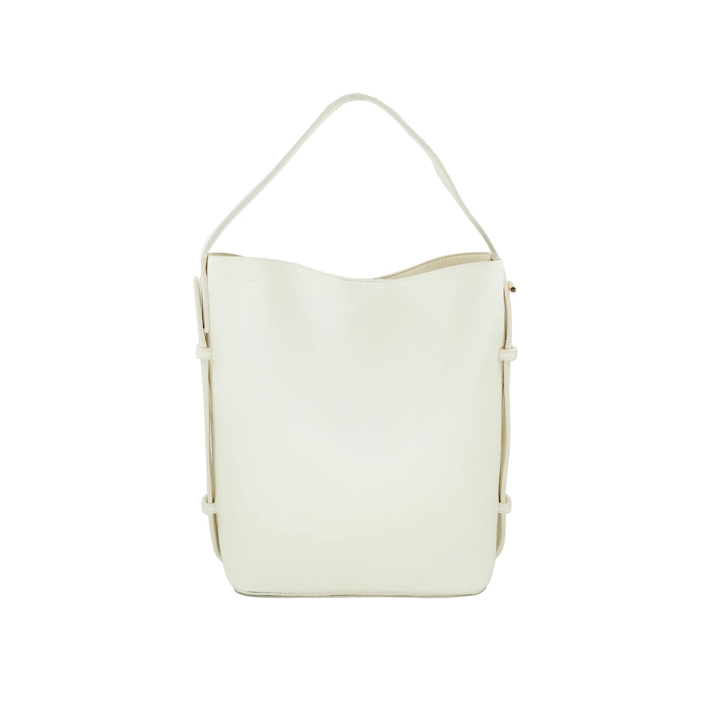 Cream-colored leather handbag with adjustable shoulder strap and minimalist bucket bag design