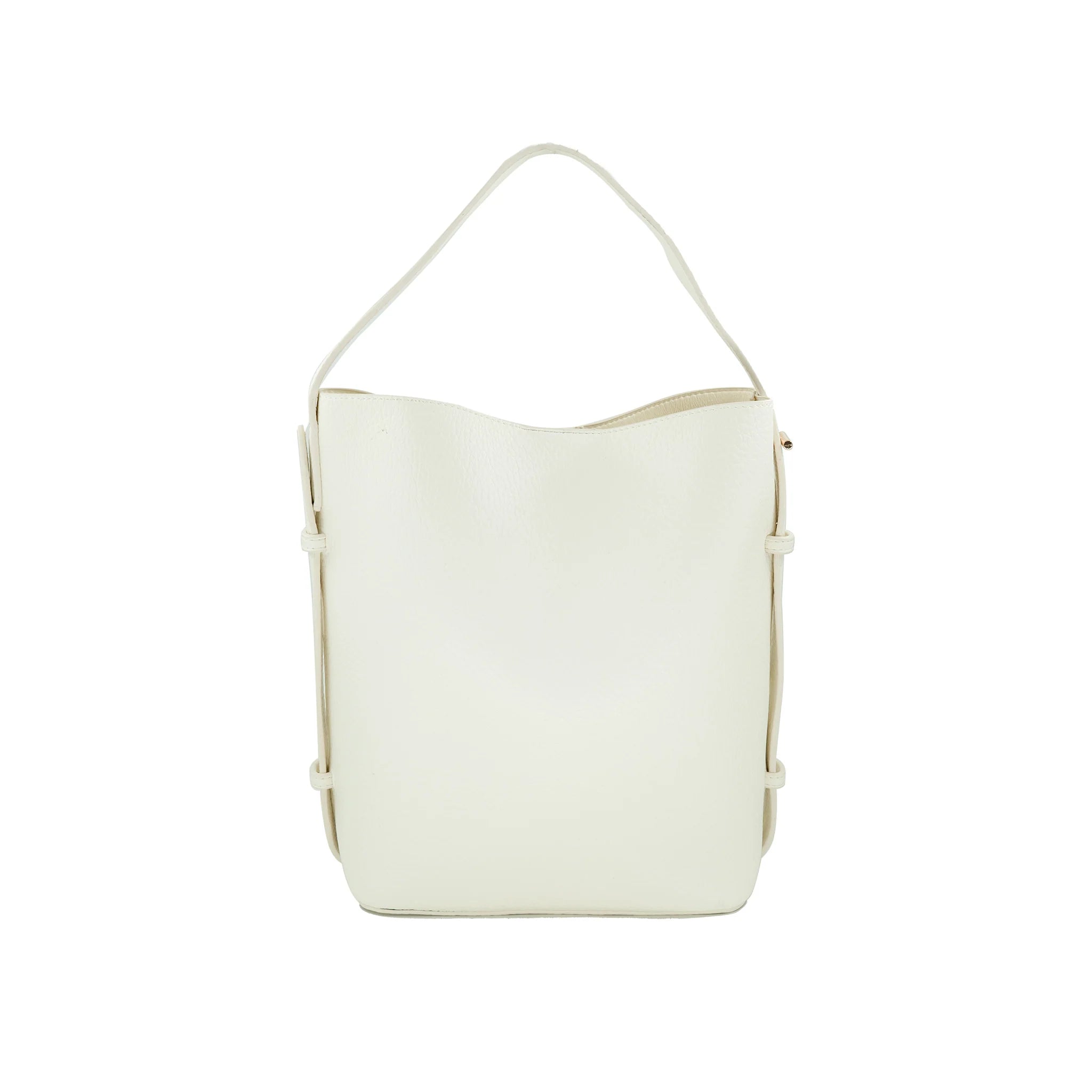 Cream-colored leather handbag with adjustable shoulder strap and minimalist bucket bag design