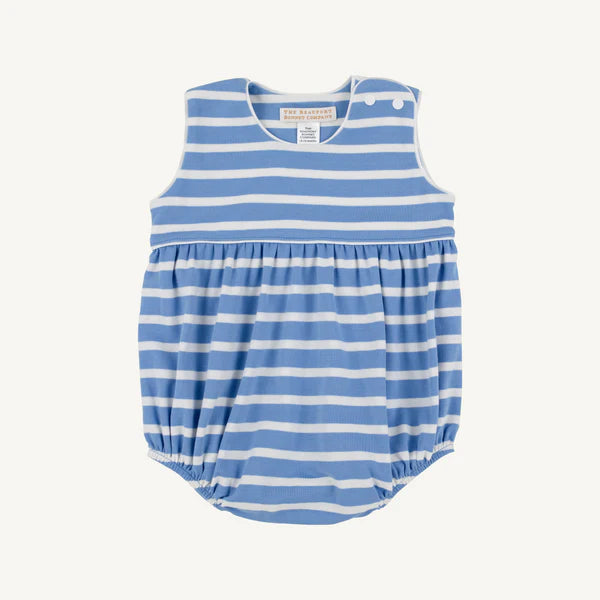 Blue and white striped sleeveless baby bubble romper in soft pima cotton fabric.