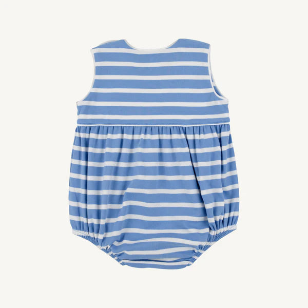 Blue and white striped sleeveless baby bubble romper with gathered elastic waistband and leg openings.