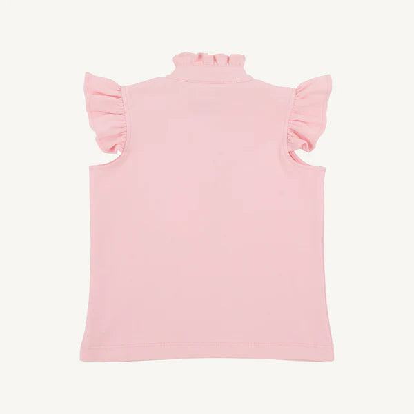 Pink sleeveless baby top with ruffled collar and cap sleeves made from Pima cotton