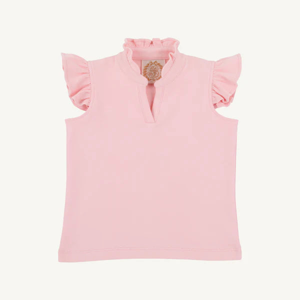 Pink pima cotton baby top with ruffled sleeves and decorative button at neckline
