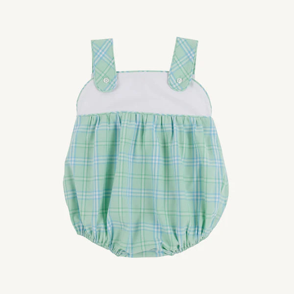 Green and blue plaid baby bubble romper with white bodice and shoulder straps