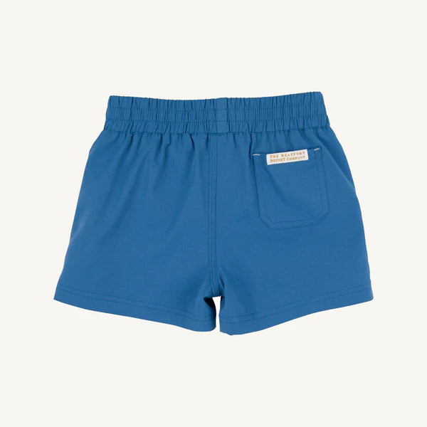 Blue baby shorts with elastic waistband and back pocket with white label tag