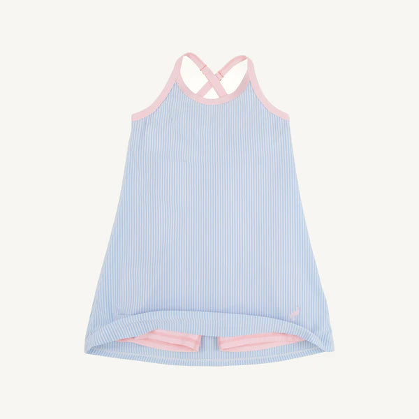 Light blue seersucker tennis dress with pink trim and crossed back straps for baby girls.