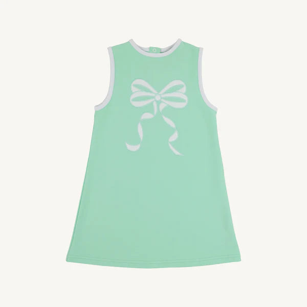 Mint green sleeveless baby dress with white bow applique and contrasting trim