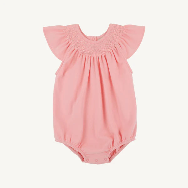 Pink cotton baby bubble romper with smocked chest detail and flutter sleeves