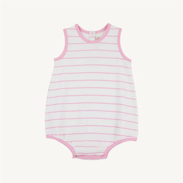 White baby bubble romper with pink stripes and pink trim sleeveless design