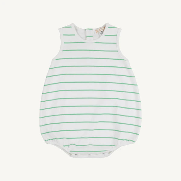 White baby bubble romper with green horizontal stripes and sleeveless design