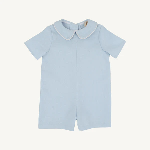Light blue short sleeve baby romper with white peter pan collar and button closure