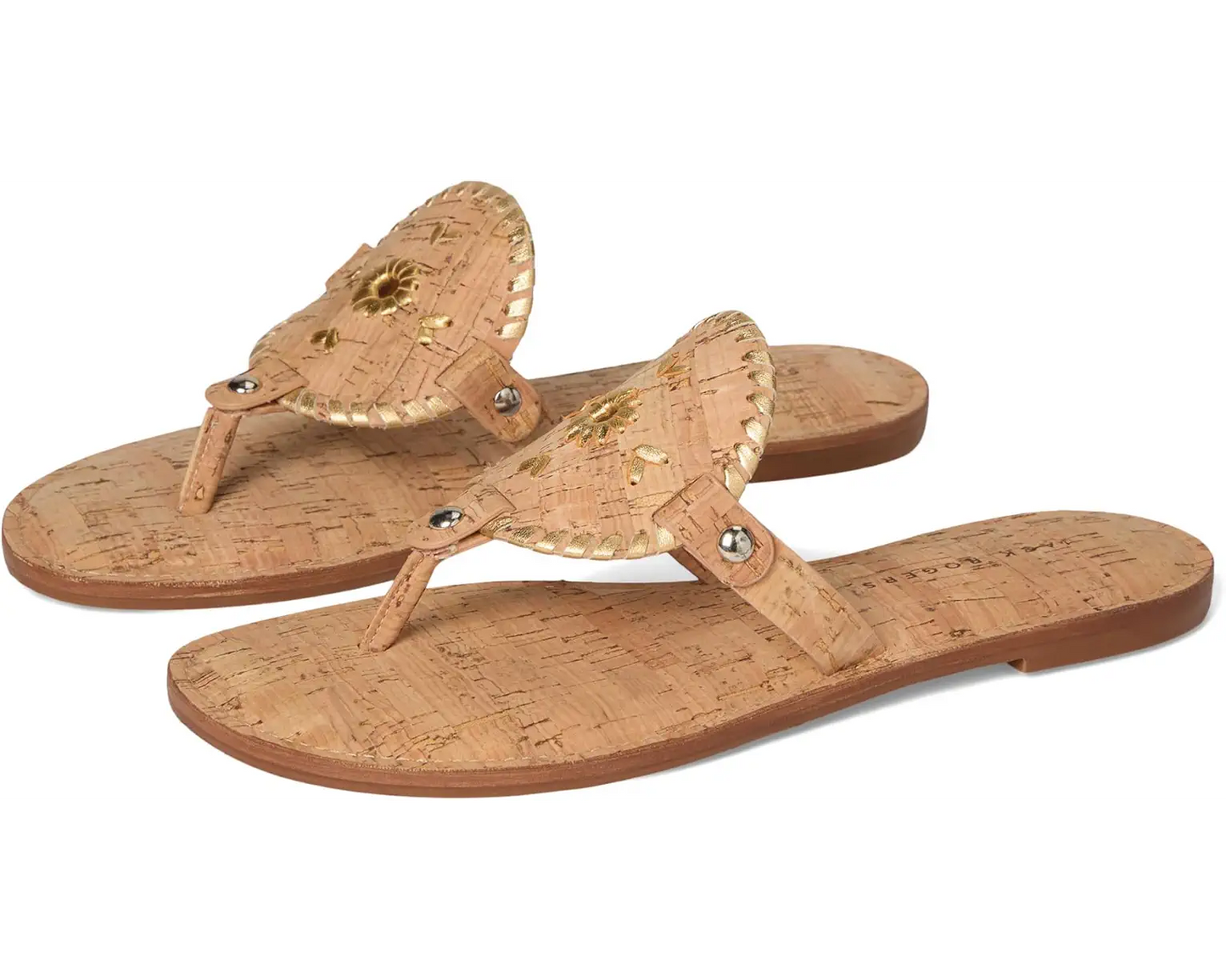 Jack Rogers Collins Cork flat thong sandals with gold embroidered medallion detail and silver studs.