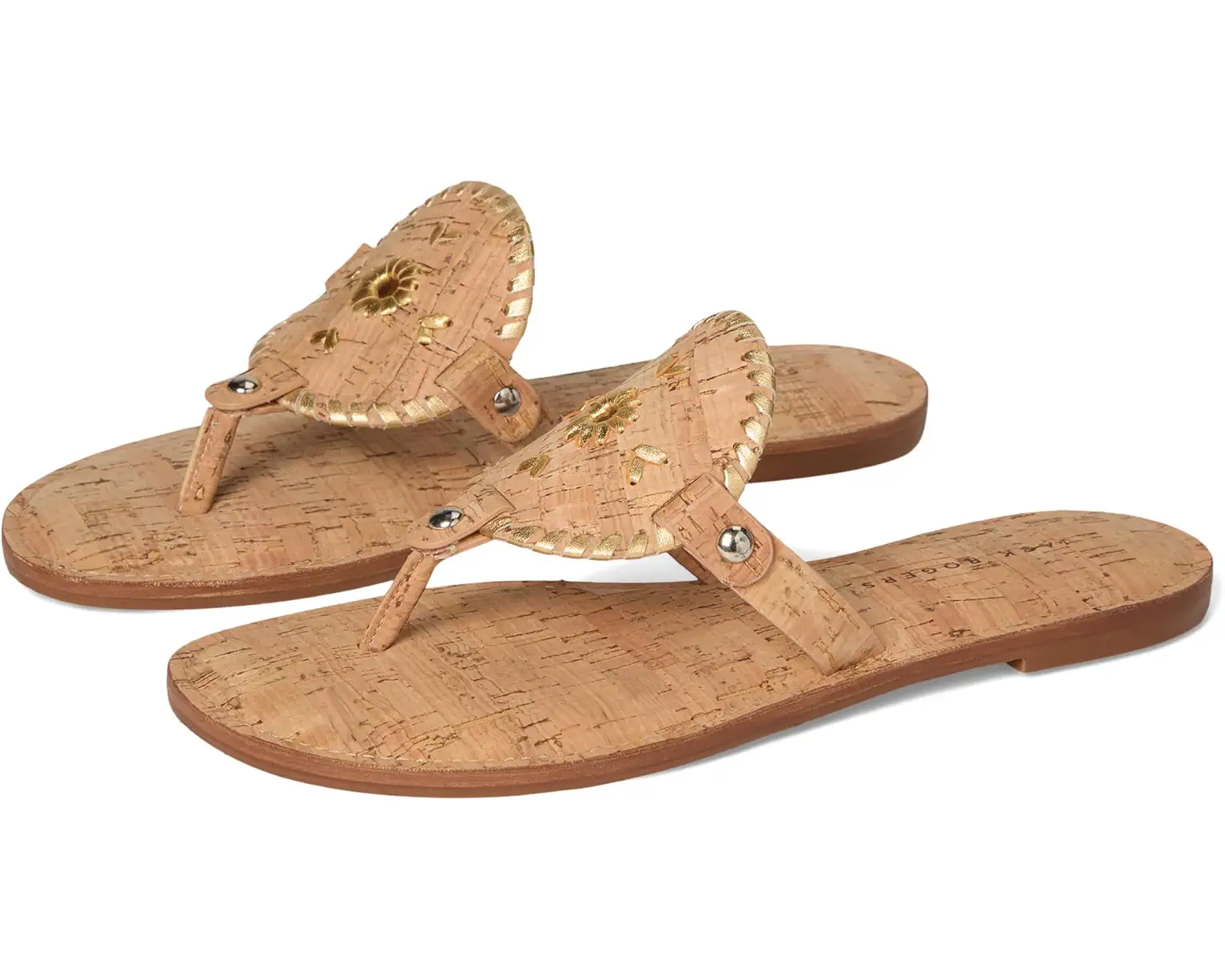 Jack Rogers Collins Cork flat thong sandals with gold embroidered medallion detail and silver studs.