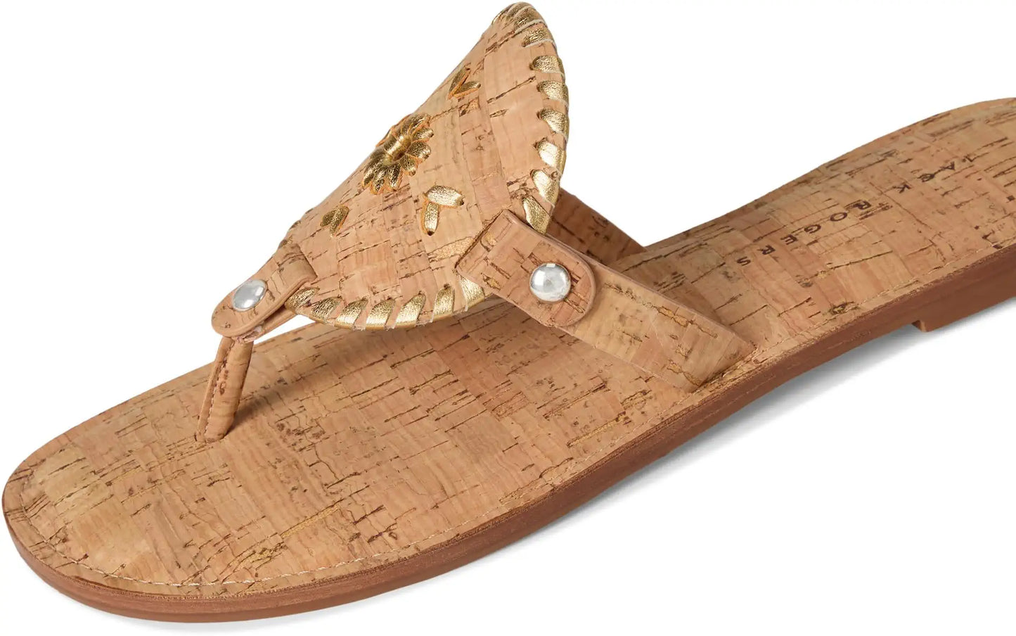 Jack Rogers Collins Cork flat thong sandal with gold whipstitch detail and pearl studs.