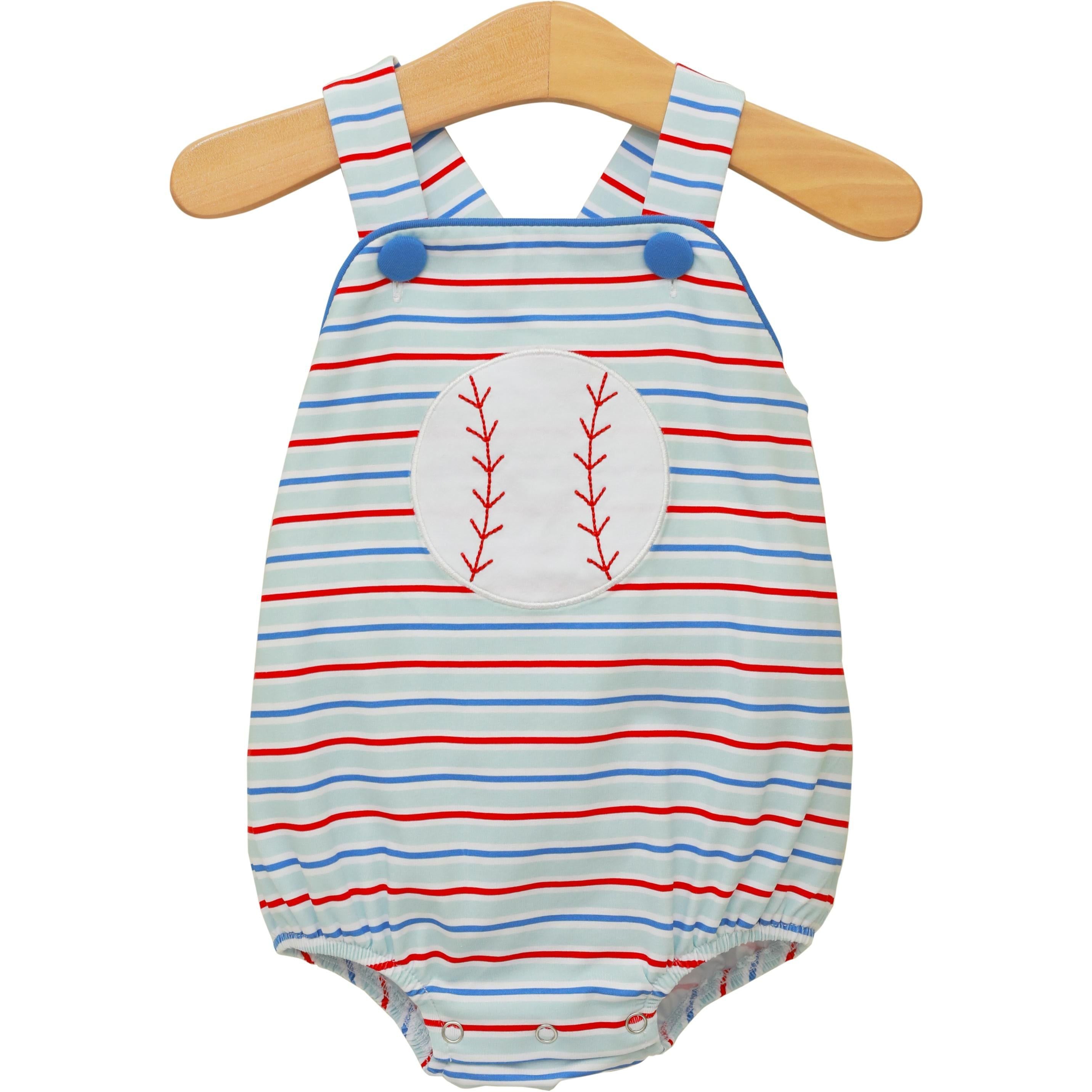 Striped baby sunsuit with baseball applique on wooden hanger, featuring blue and red stripes with snap closures.