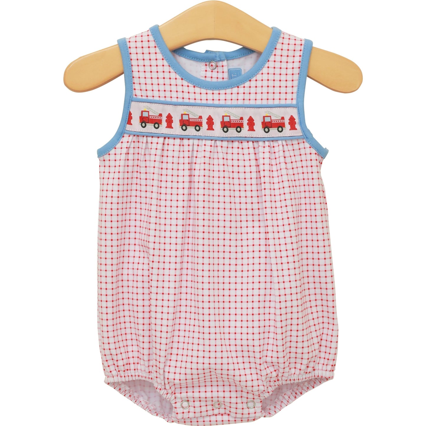 Red gingham baby bubble romper with blue trim and embroidered fire truck design across chest