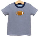 Baby navy blue and white striped short-sleeve t-shirt with embroidered football appliqué on chest.