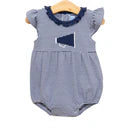 Navy blue striped baby bubble romper with ruffled neckline and megaphone appliqué detail.