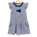 Navy blue and white striped baby dress with flutter sleeves, front pockets, and megaphone graphic detail.