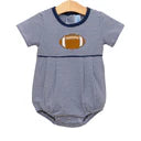 Navy blue striped baby bubble romper with embroidered brown football appliqué on chest.