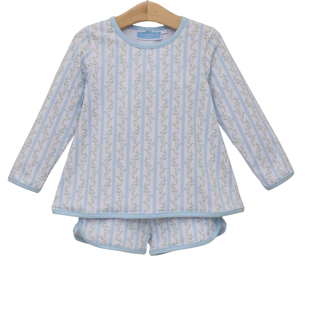 Children's blue and white striped floral long-sleeve top and shorts two-piece play set on hanger.