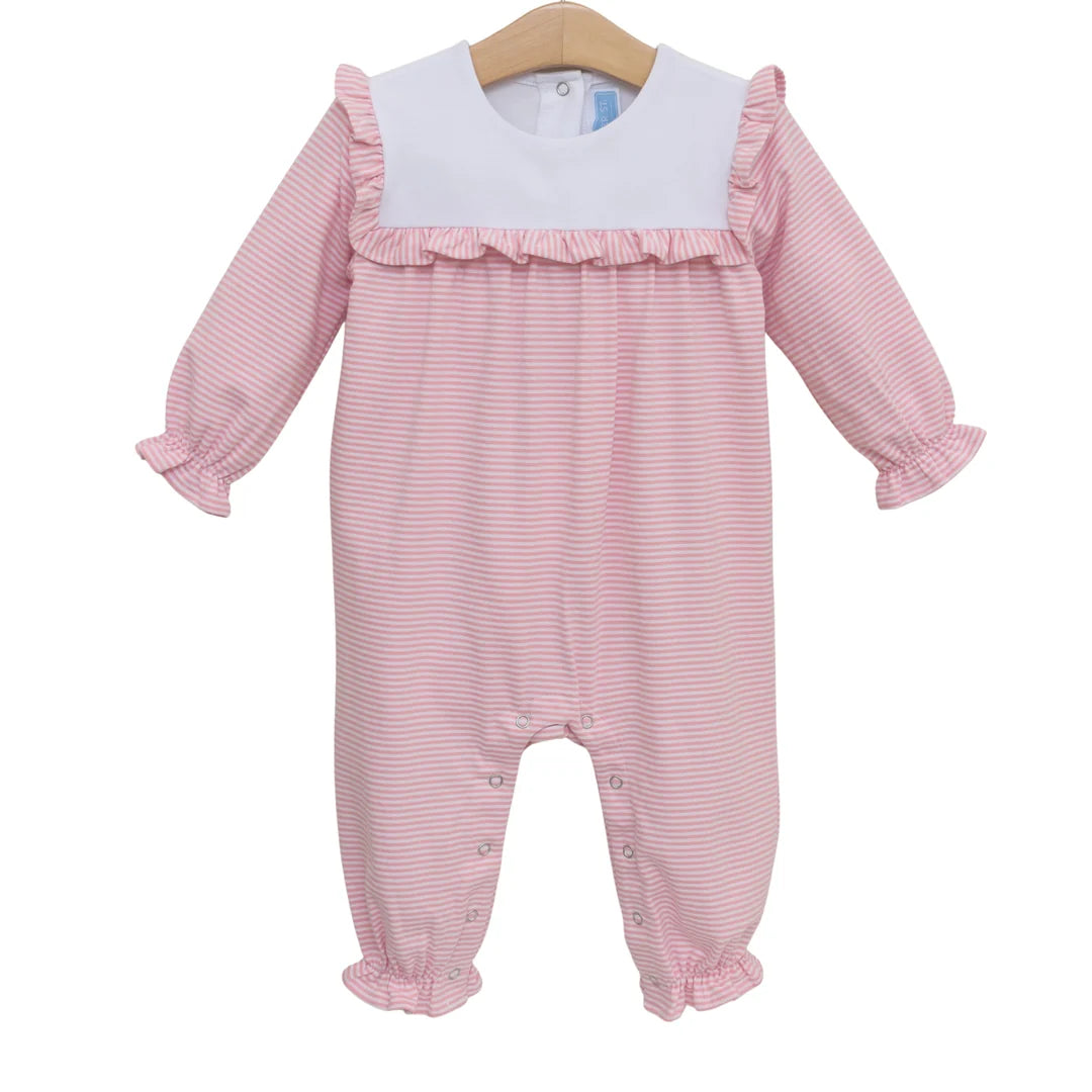 Baby girl's long-sleeve pink striped romper with white bib yoke, ruffled trim, and snap closure.