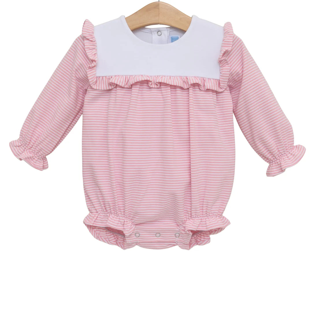 Baby girl's long-sleeve pink striped bubble romper with white bib panel and ruffle trim details.