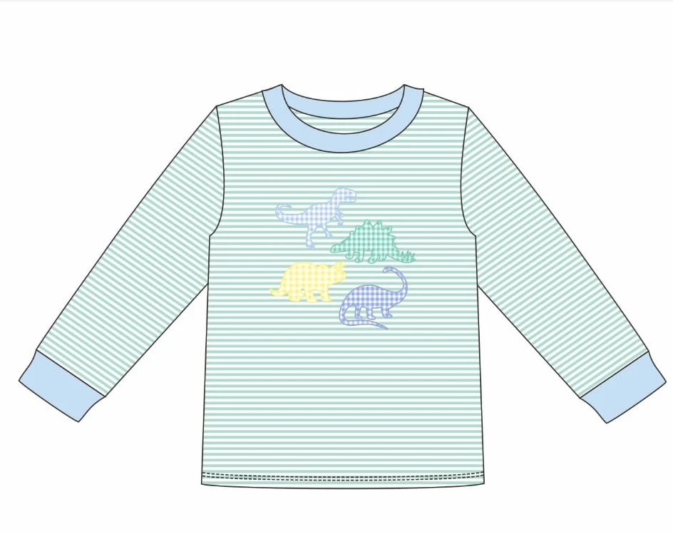 Children's long-sleeve mint striped shirt with colorful gingham dinosaur appliqués and blue cuffs.