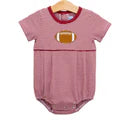 Crimson striped baby bubble romper with embroidered football appliqué on chest.