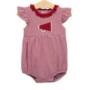 Baby girl's crimson red striped bubble romper with white megaphone appliqué and flutter sleeves.