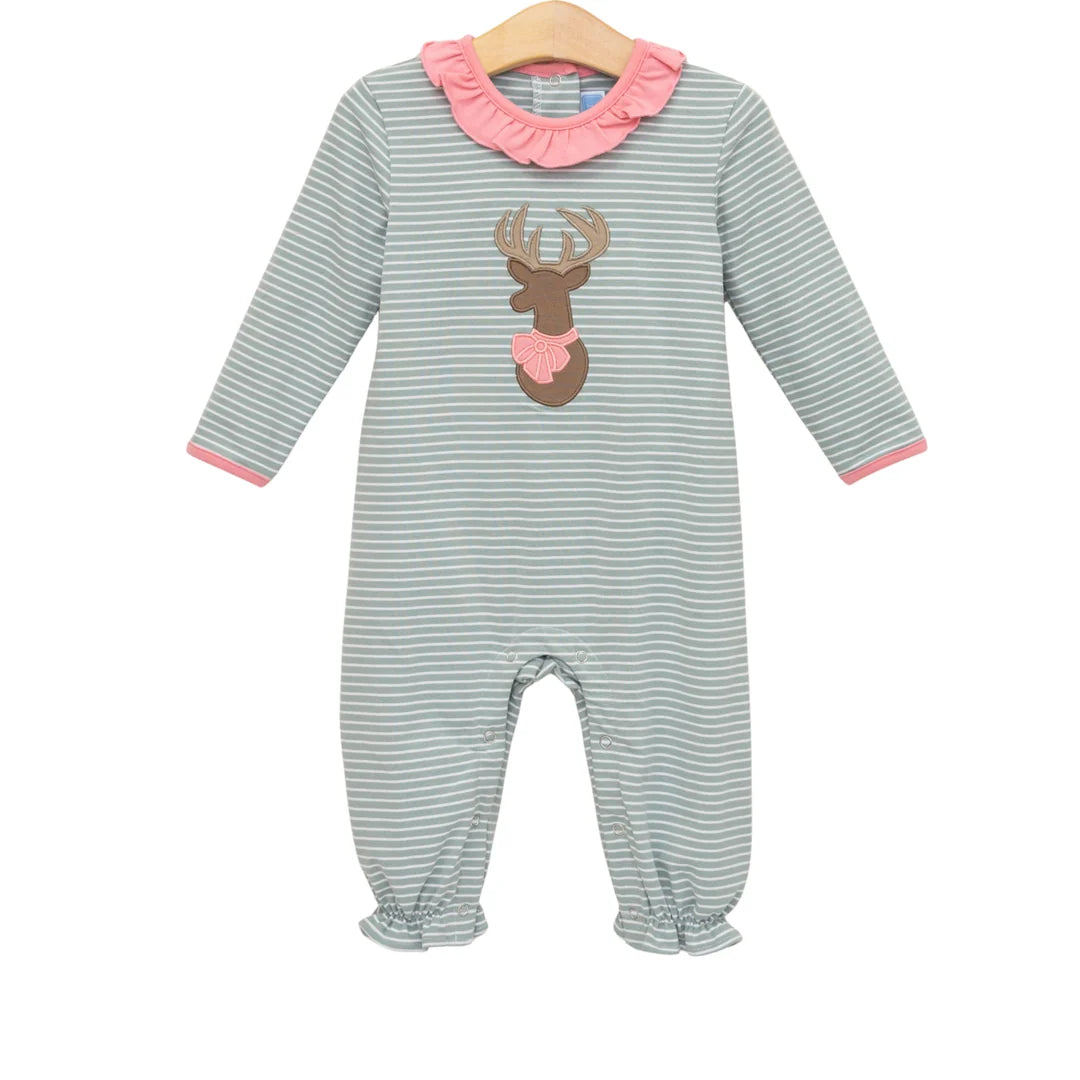 Gray and white striped baby romper with pink ruffle collar, deer appliqué, and snap closure.