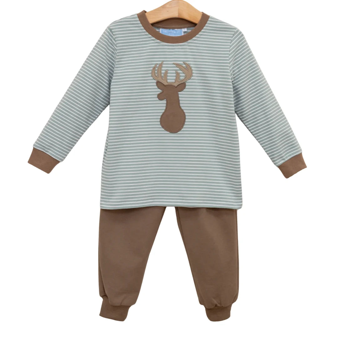 Children's two-piece deer pant set with sage striped long-sleeve top and brown jogger pants.