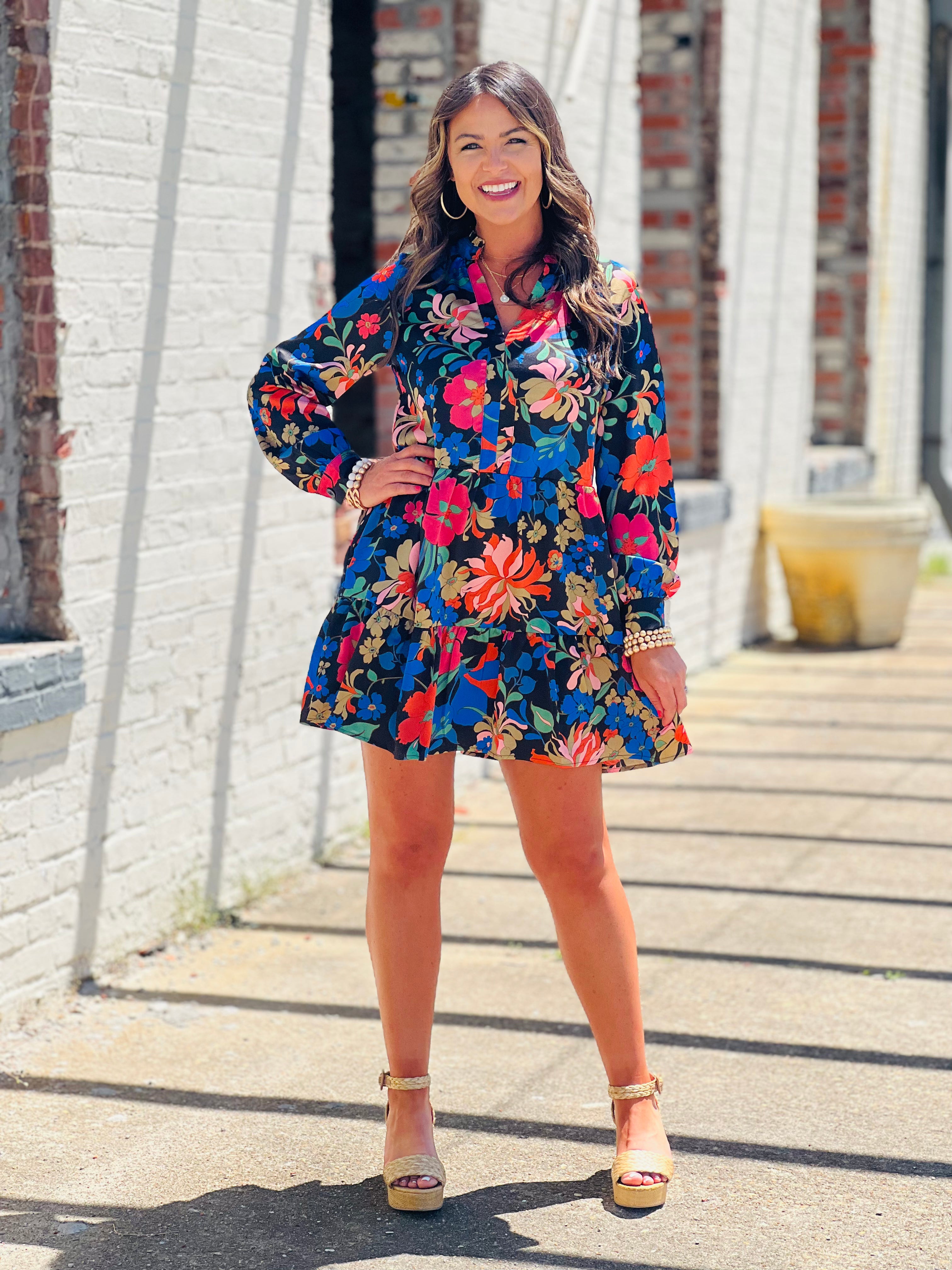 Bold Floral Print Tiered Dress