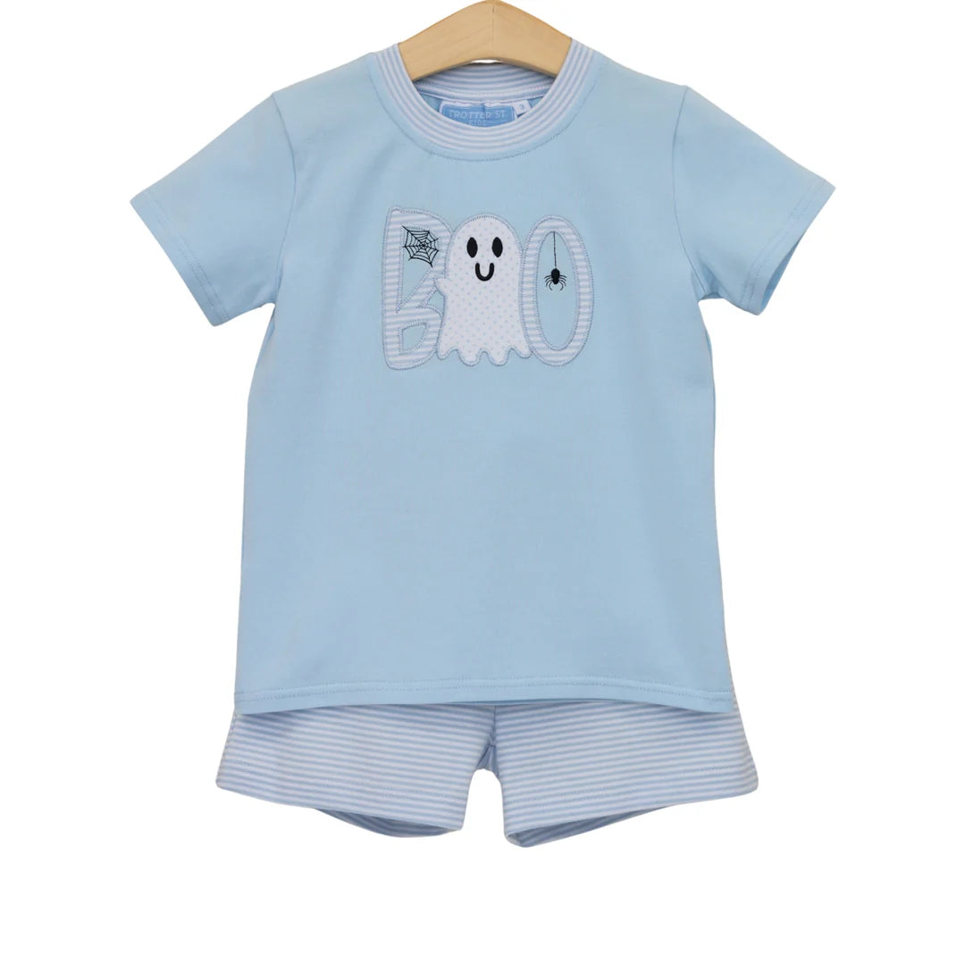 Baby blue "BOO" ghost Halloween short set with striped shorts and appliqué design.