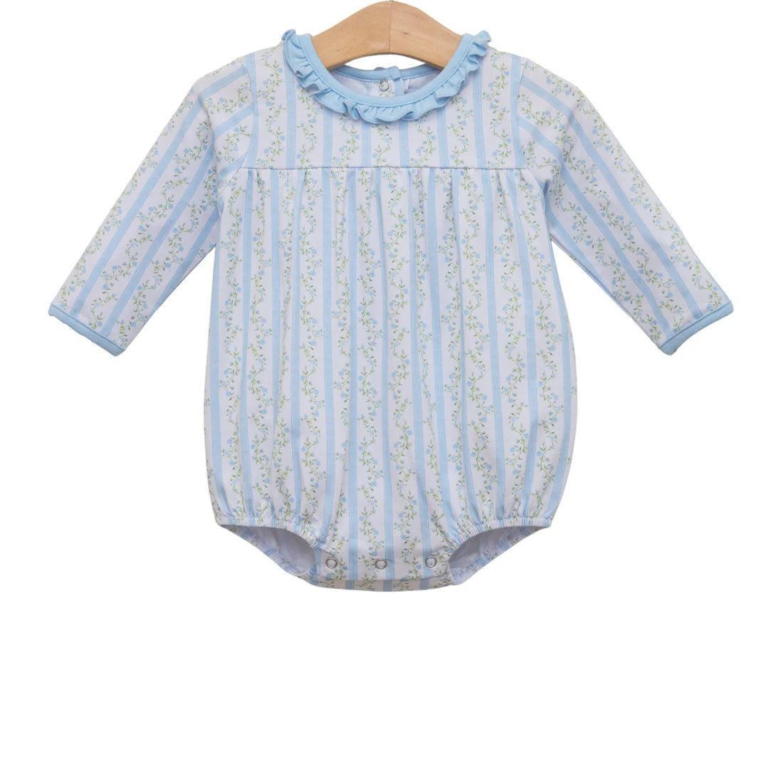 Baby girl's long-sleeve blue striped floral bubble romper with ruffle collar on wooden hanger.