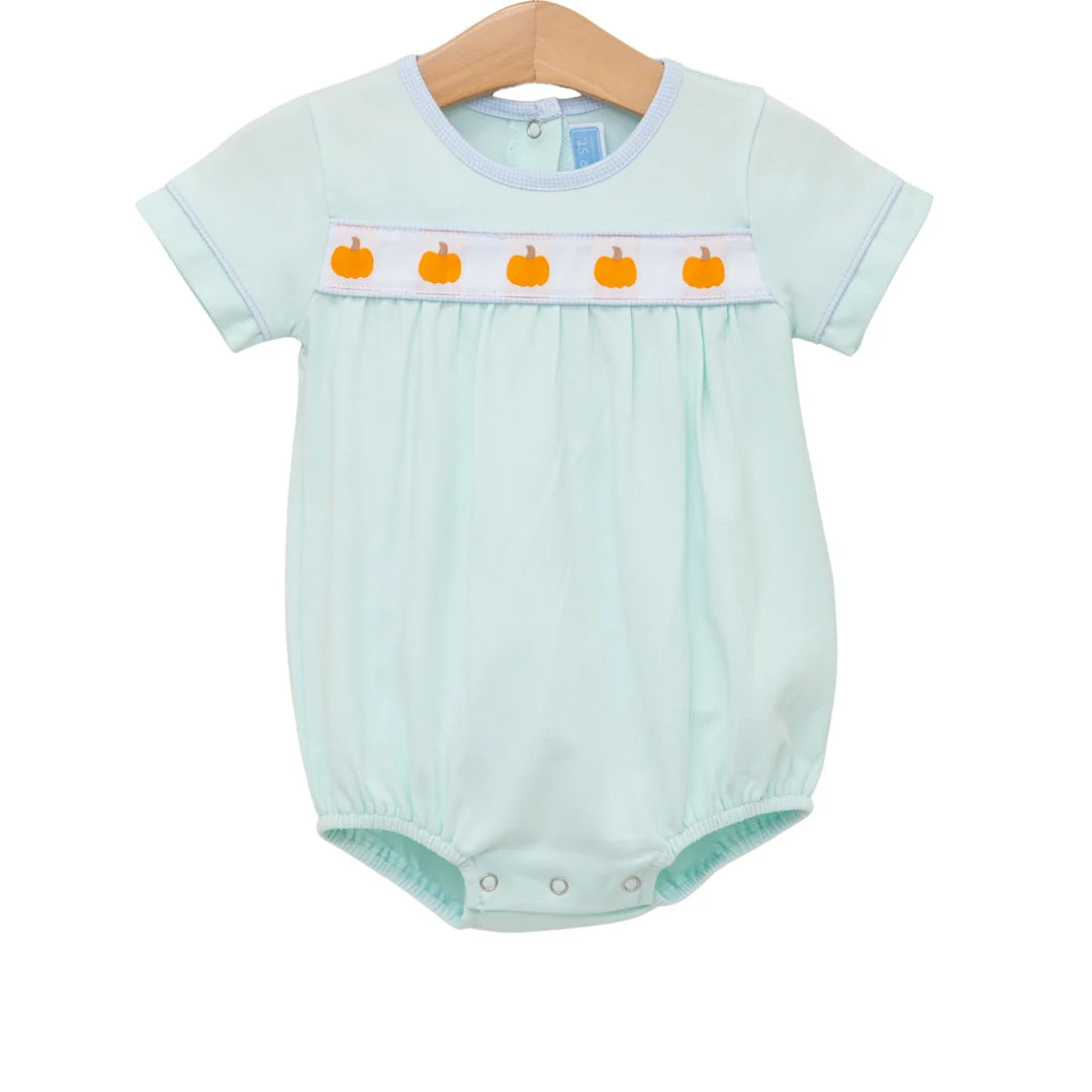 Mint green short-sleeve baby bubble romper with smocked pumpkin embroidery panel across chest.