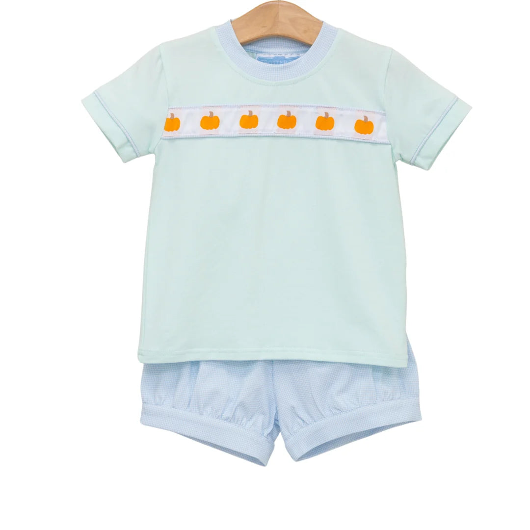 Light blue baby short set with pumpkin embroidered band on shirt and gingham shorts.