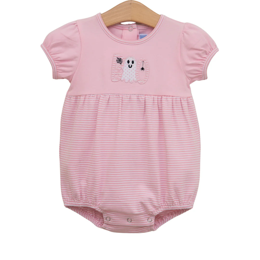 Pink baby bubble romper with "Boo" ghost Halloween appliqué, puff sleeves, and striped bottom.