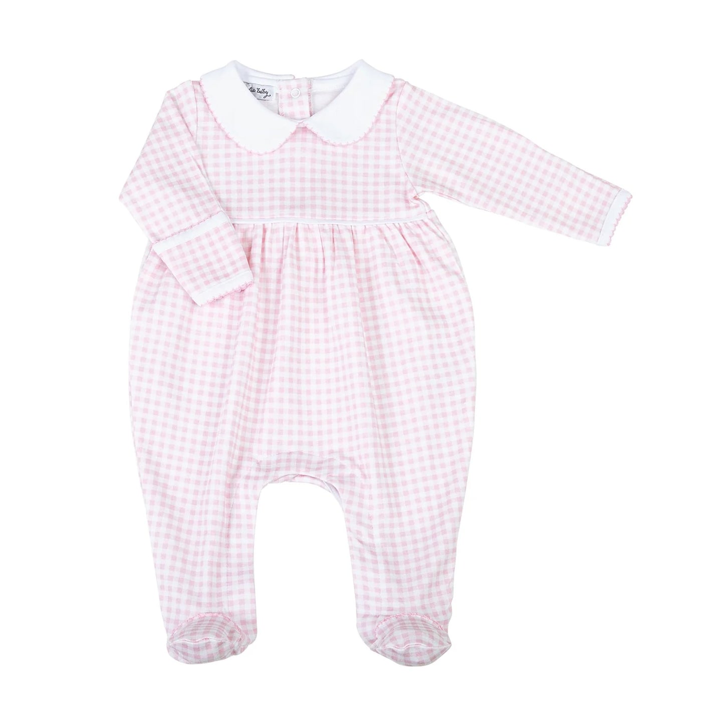 Pink and white gingham checkered baby footie with white Peter Pan collar and long sleeves
