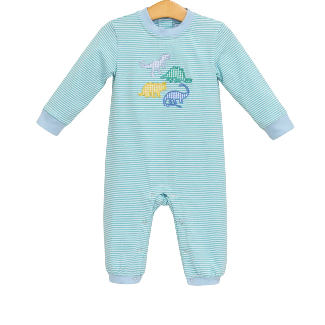 Light blue striped long-sleeve baby romper with colorful appliqué dinosaur designs on chest.