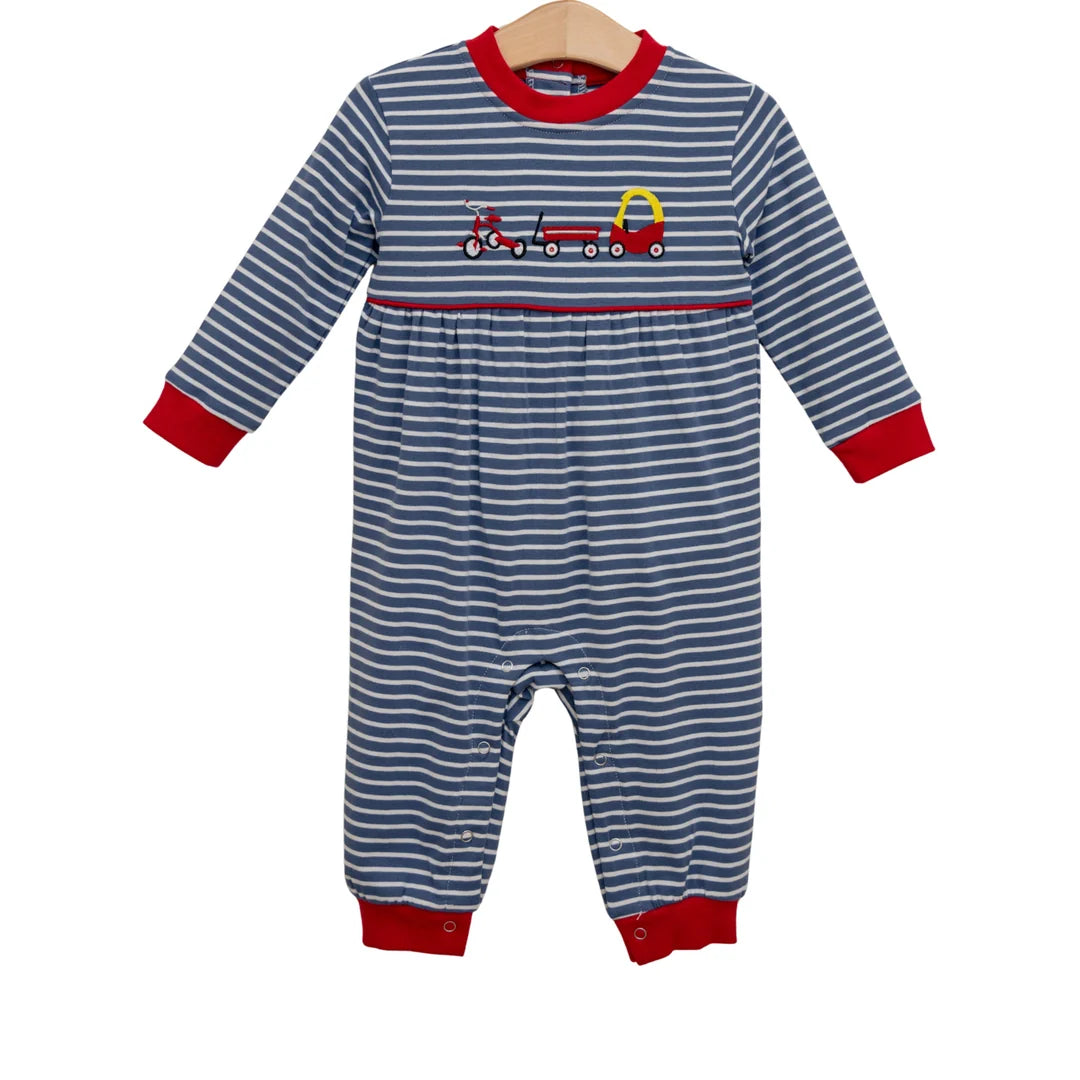 Blue and white striped long-sleeve baby romper with red trim and embroidered toy vehicles.