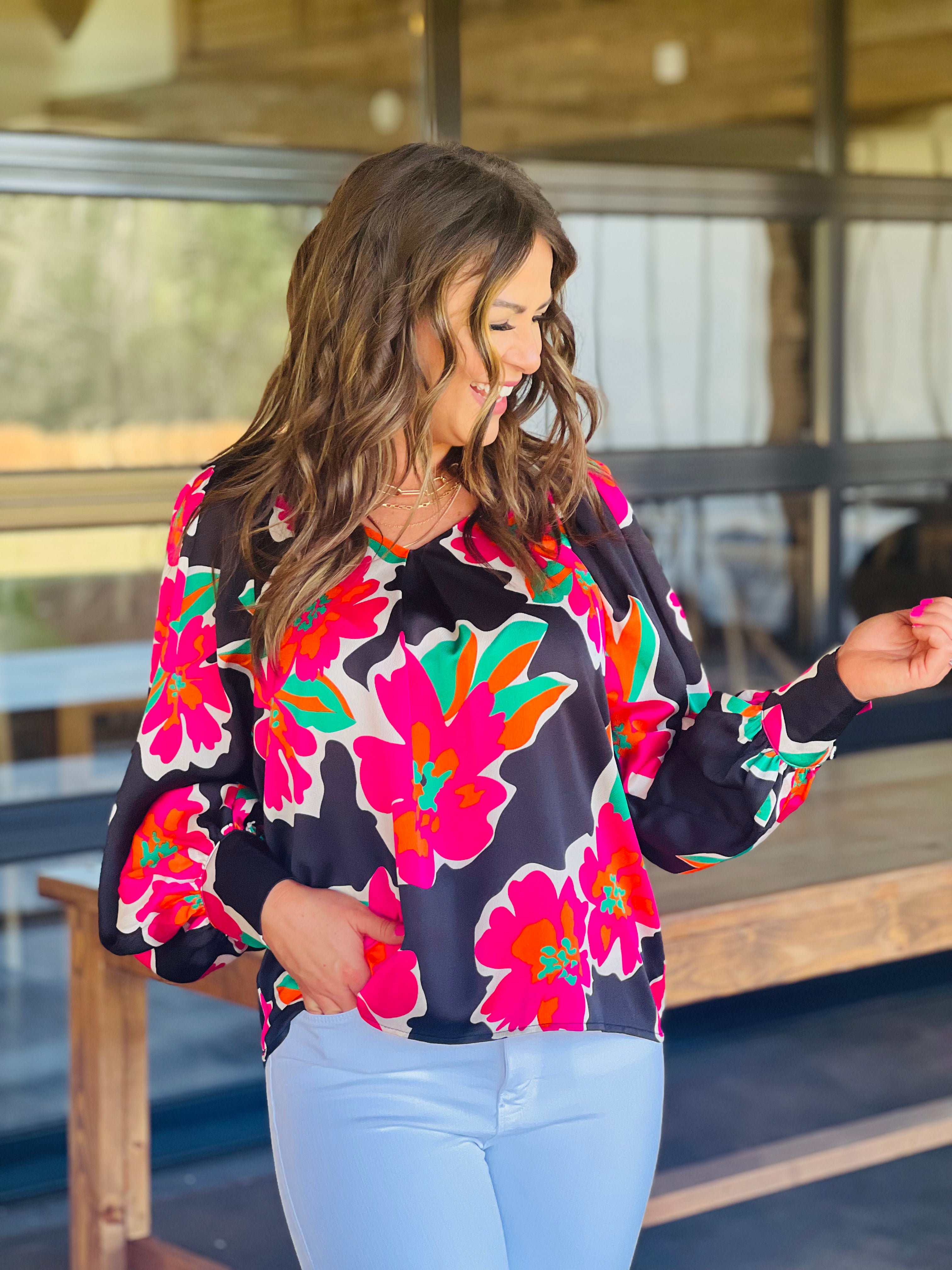Day in paradise Satin Floral Print V-Neck Long Sleeve Top - Black - FINAL SALE