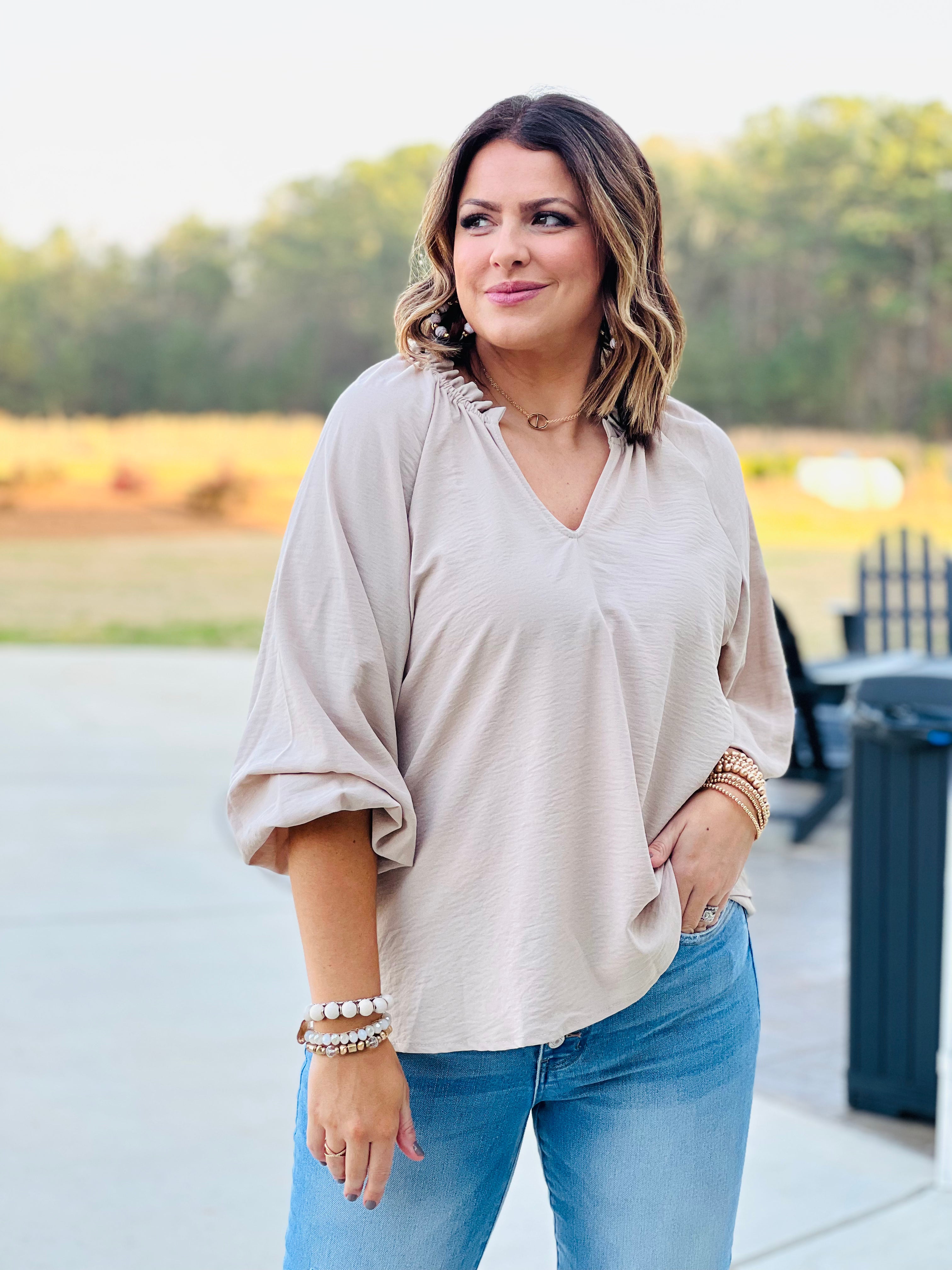 Tell me Why Ruffled Puff Sleeve Top - Taupe - FINAL SALE